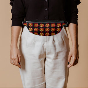 Red and White Dahlia Floral Pattern on Black Bum Bags