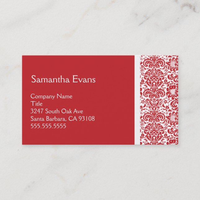 Red and White Damask Business Card (Front)
