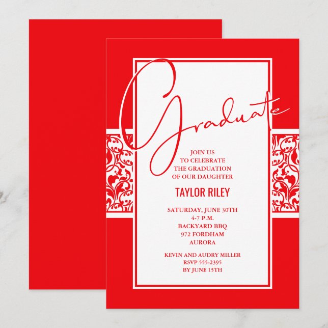 Red and White Damask Graduation Invitation (Front/Back)