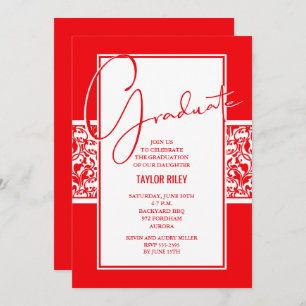 Red and White Damask Graduation Invitation