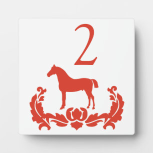 Red and White Damask Horse Table Number Plaque