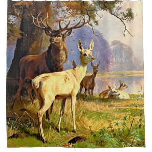 Red And White Deer Near A Forest Pond  Shower Curtain
