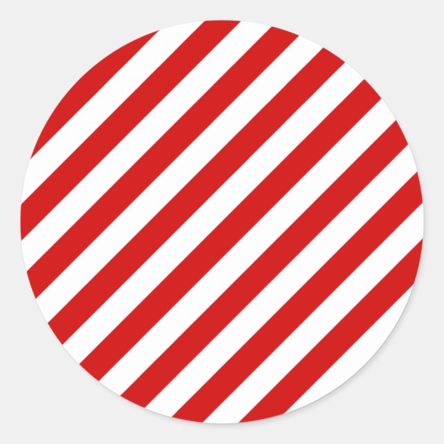 Red and White Diagonal Stripes Pattern Classic Round Sticker (Front)