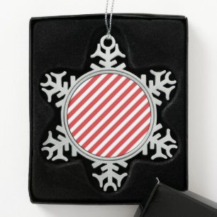 Red and White Diagonal Stripes Snowflake Pewter Christmas Ornament