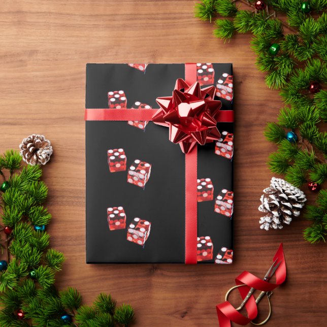 Red and White Dice on Black Wrapping Paper (Holiday Gift)