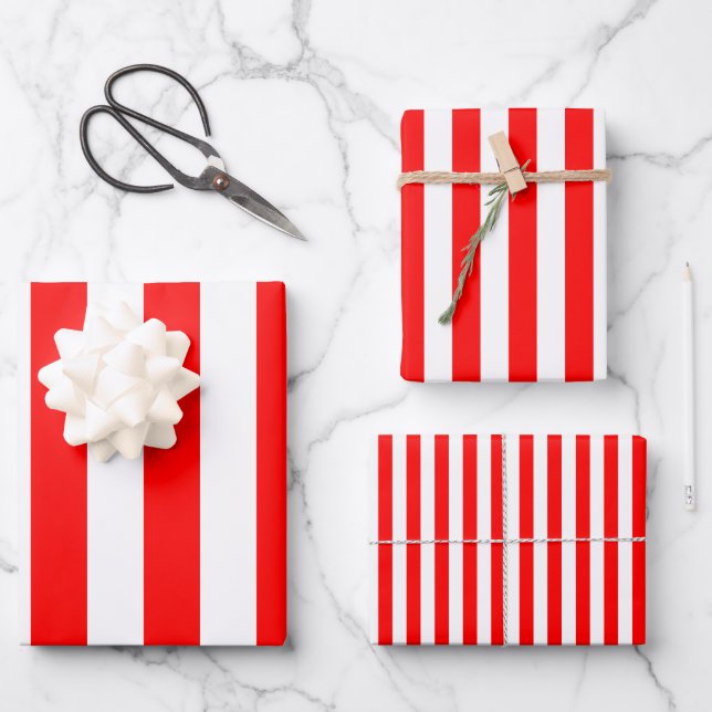 Red and White Different Sizes Vertical Stripes Wrapping Paper Sheet (Front)
