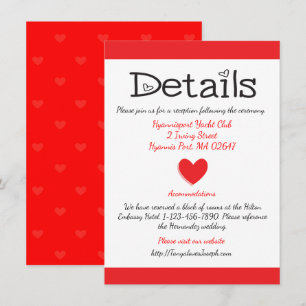 Red And White Directions / Details Hearts Wedding Invitation