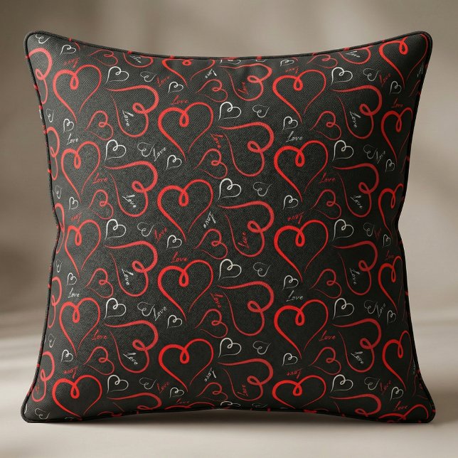 Red and White Doodle Hearts Love Script On Black Fabric (Creator Uploaded)