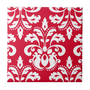 Red and white elegant Christmas damask Tile
