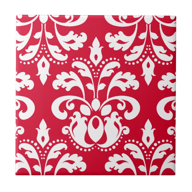 Red and white elegant Christmas damask Tile (Front)