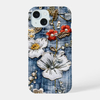 Red and White Embroidered Blooms on Denim
