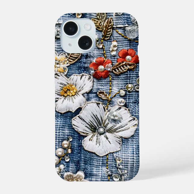  Red and White Embroidered Blooms on Denim iPhone 15 Case (Back)