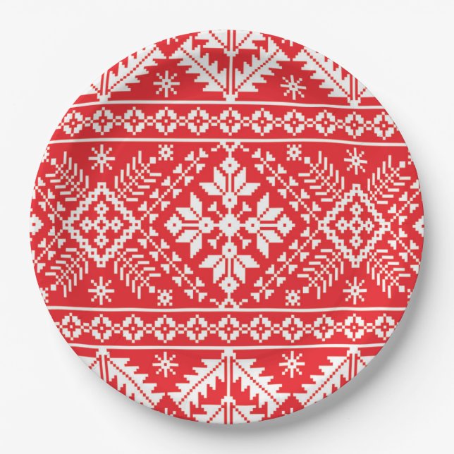 Red and White Fair Isle Christmas Pattern Paper Plate (Front)