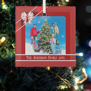 Red and White Family Photo Glass Tree Decoration