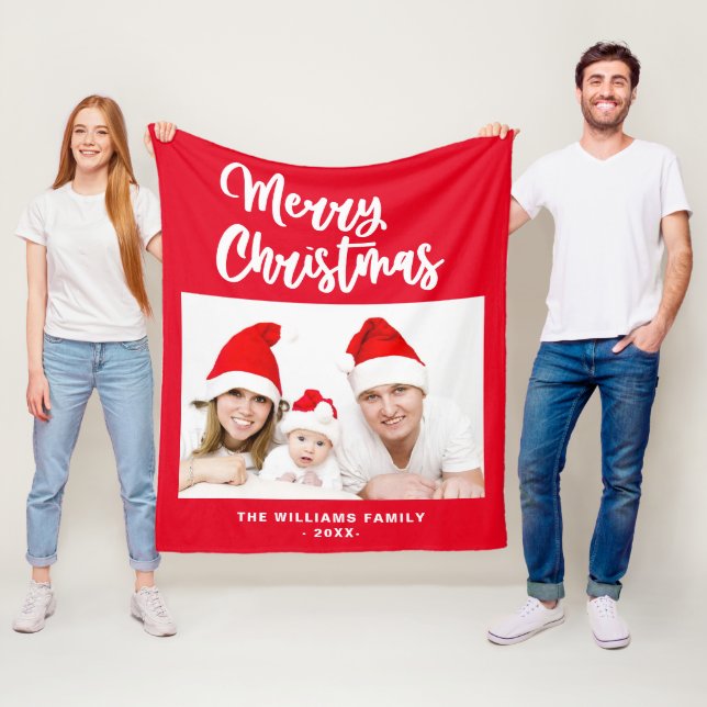 Red And White Family Photo Name Merry Christmas Fleece Blanket (In Situ)