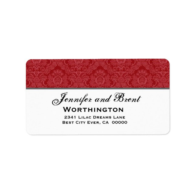 Red and White Feathery Damask Wedding Collection Label (Front)
