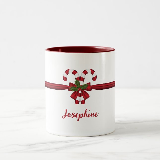 Red And White Festive Candy Canes Bow And Name Two-Tone Coffee Mug (Center)