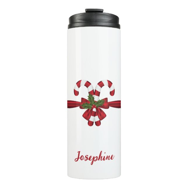 Red And White Festive Candy Canes Bow And Text Thermal Tumbler (Front)
