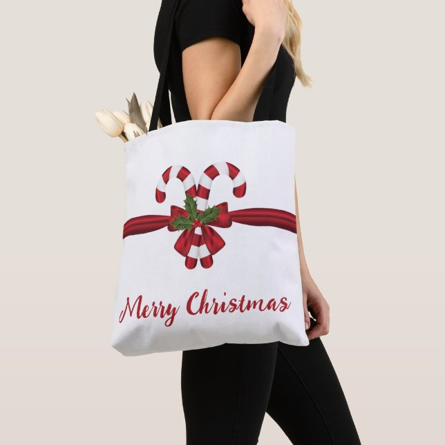 Red And White Festive Candy Canes Bow And Text Tote Bag (Close Up)