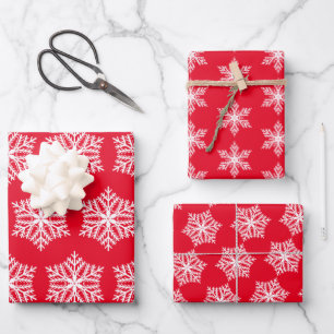 Red and White Festive Snowflakes Christmas Pattern Wrapping Paper Sheet