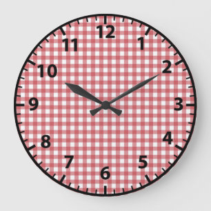 Red and White Fifties Retro Gingham Shabby Chic Large Clock