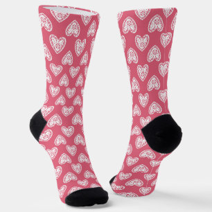 Red and White Filigree Hearts Socks