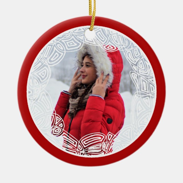 Red and White Filigree - Two Sided Ceramic Tree Decoration (Front)