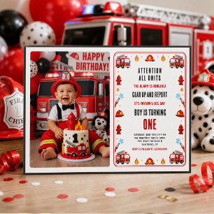 Red and White Firetruck 1st Birthday Party photo Invitation