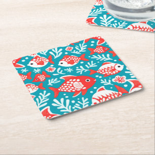 Red and white fish pattern blue square paper coaster