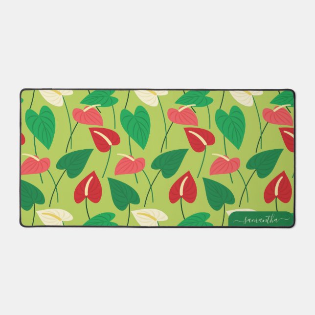 Red and white flamingo flowers pattern desk mat (Front)