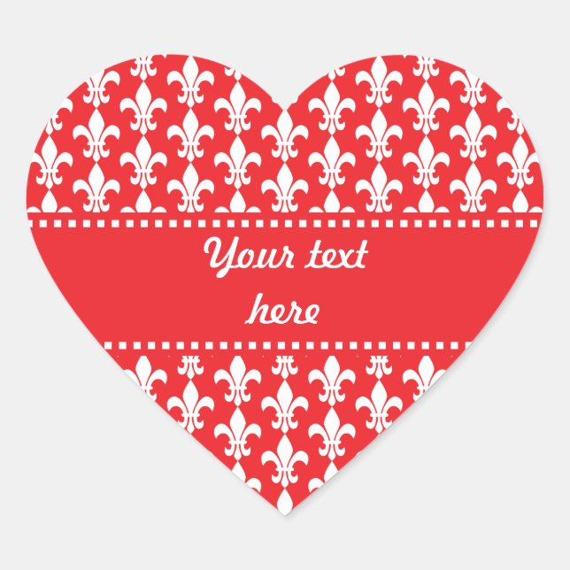 Red and White Fleur de Lis Pattern Heart Sticker (Front)