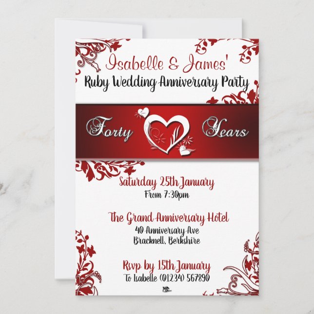 Red And White Floral 40th Anniversary Invitations (Front)