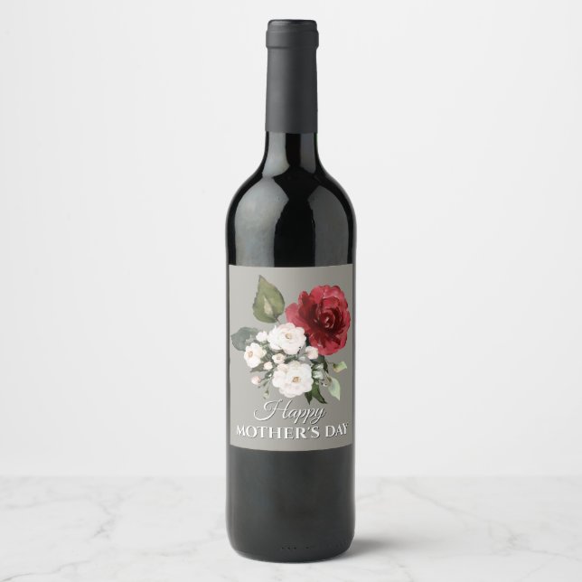 Red and White Floral Bouquet Mother's Day Wine Label (Front)
