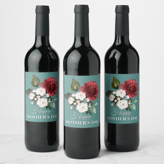 Red and White Floral Bouquet Mother's Day Wine Label (Bottles)