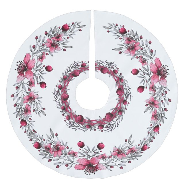 Red and White Floral Christmas Brushed Polyester Tree Skirt (Front)