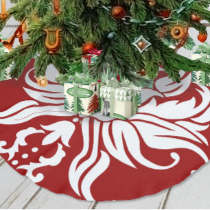 Red and White Floral Damask Merry Christmas Brushed Polyester Tree Skirt