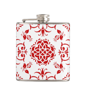 Red and White Floral Damask Style Pattern Hip Flask