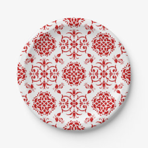 Red and White Floral Damask Style Pattern Paper Plate