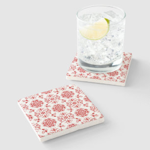 Red and White Floral Damask Style Pattern Stone Coaster