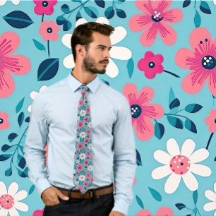 Red and White Floral Design on Light  Blue  Tie