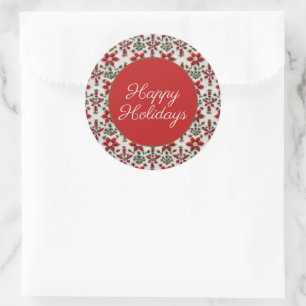 Red and White Floral Embroidery Classic Round Sticker