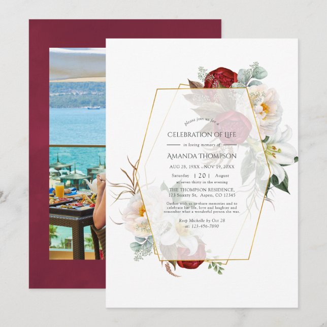 Red and White Floral Geometric Celebration of Life Invitation (Front/Back)