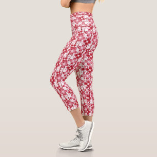 Red and white floral pattern capri leggings