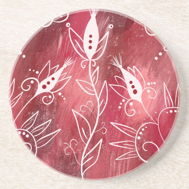 Red And White Floral Pattern Coaster (Front)