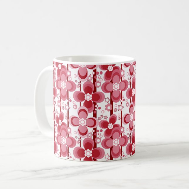 Red and white floral pattern coffee mug (Front Left)