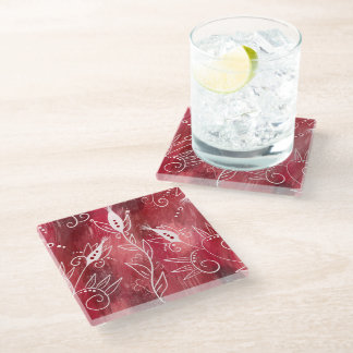 Red And White Floral Pattern Glass Coaster