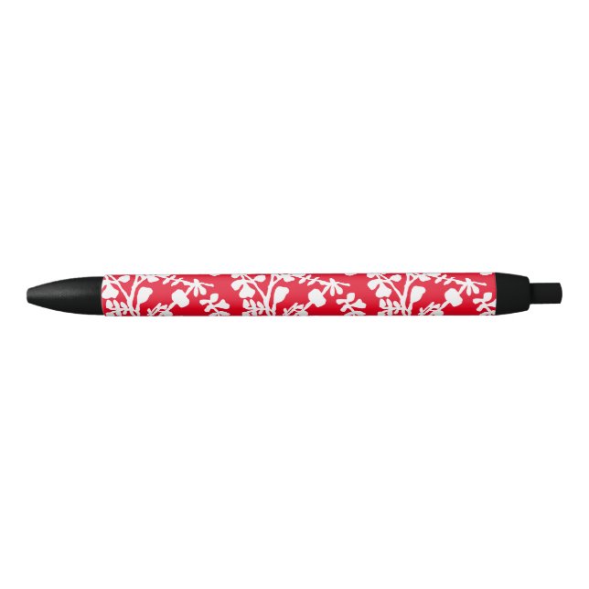 Red And White Floral Repeating Pattern Black Ink Pen (Front)