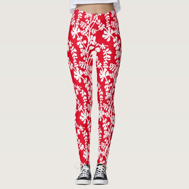 Red And White Floral Repeating Pattern Leggings (Front)