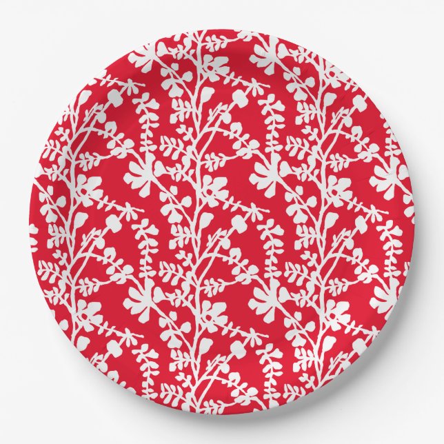 Red And White Floral Repeating Pattern Paper Plate (Front)
