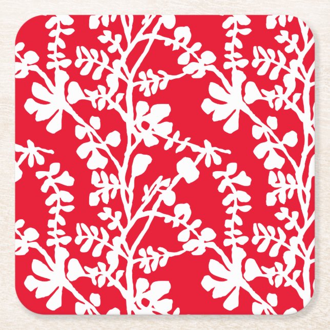 Red And White Floral Repeating Pattern Square Paper Coaster (Front)